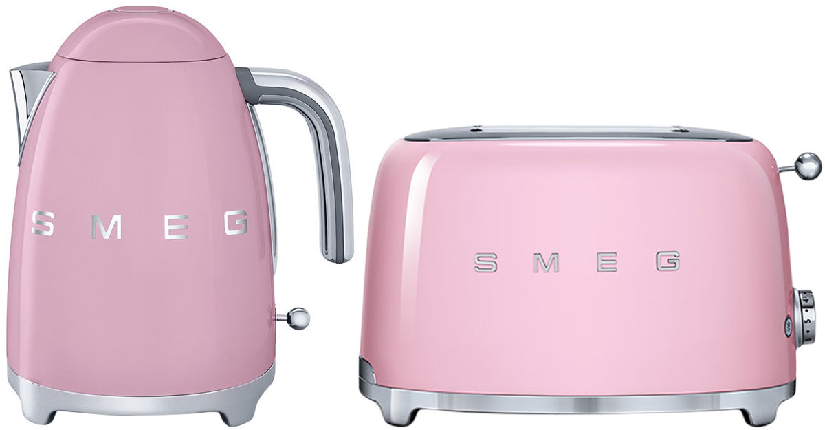 pastel pink kettle and toaster